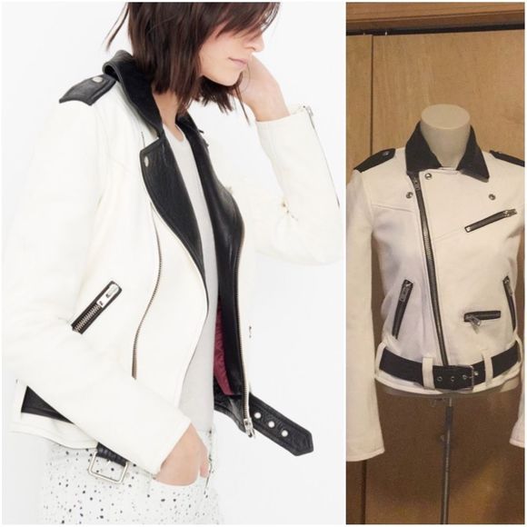IRO White and Black Yulia Leather Jacket in Ecru - Picture 2 of 16